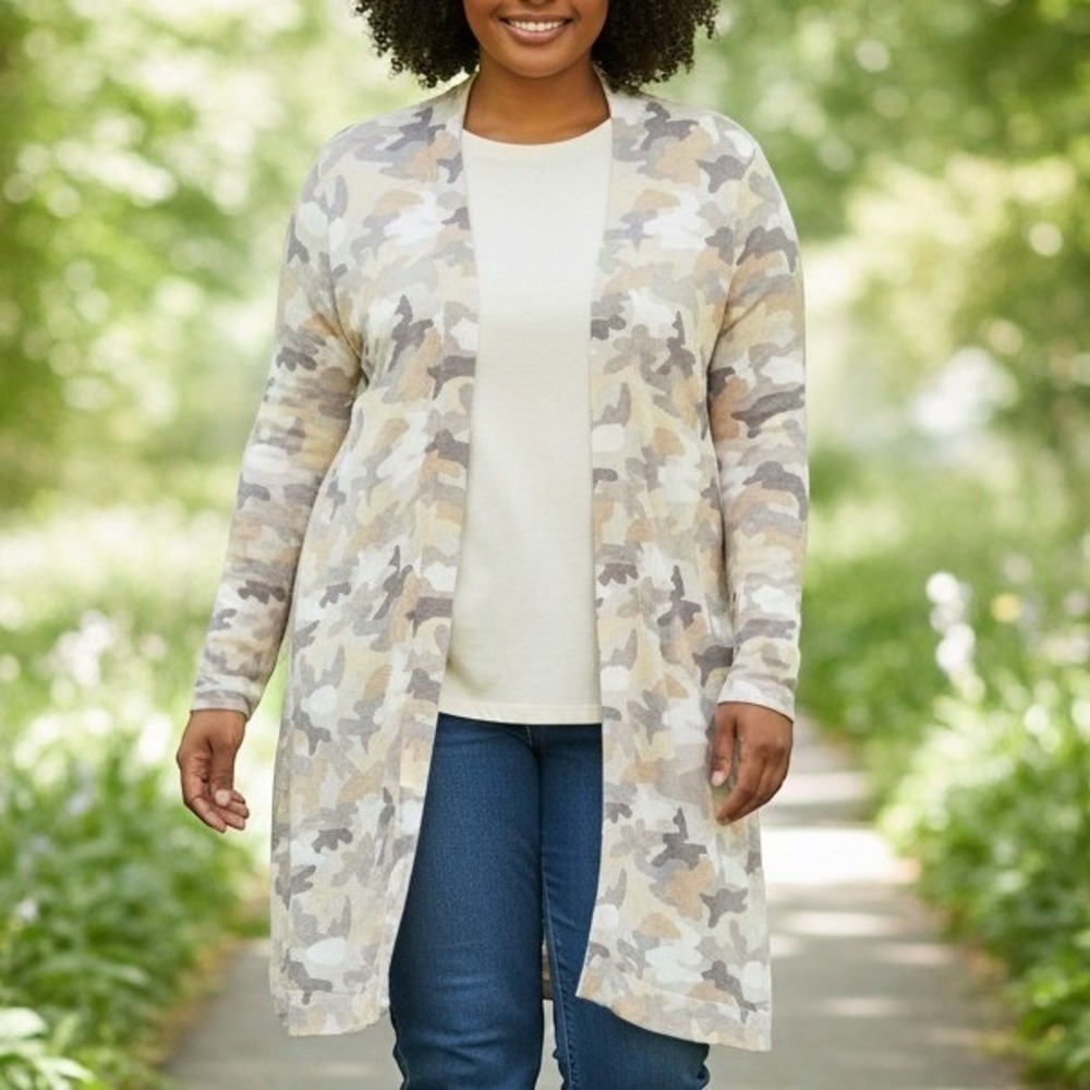 Isaac Mizrahi Live Womens 2X Camo Open Front Cardigan Tan Grey Sweater Knit